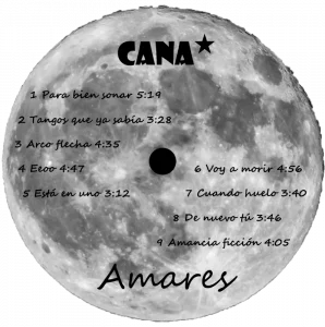 Label del disco Amares con una luna llena y las canciones del disco